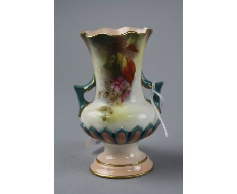 A SMALL HADLEYS WORCESTER TWIN HANDLED VASE, Blackberries and leaves, height approximately 9cm