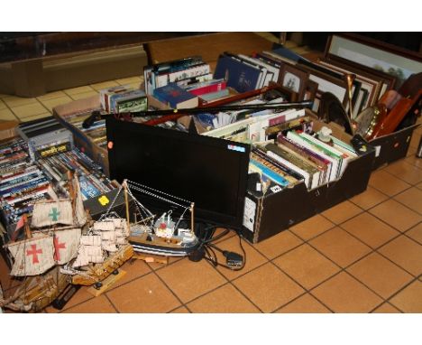 SIX BOXES OF DVD'S, BOOKS, PICTURES, MODEL BOATS, BUSH T.V, WALKING STICKS ETC