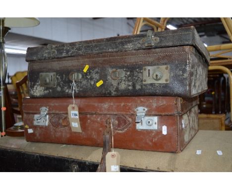 TWO LEATHER SUITCASES, a blanket box and an enamel bread bin (4)