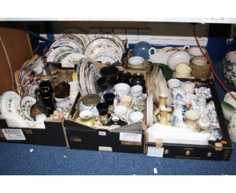 FIVE BOXES OF ASSORTED CERAMICS, including plates, vases, plant pots, jugs, Doulton stoneware, crested ware, ceramic thimbles