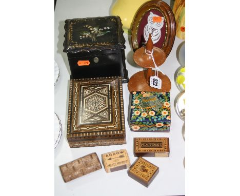 NINE SUNDRY ITEMS, to include laquered tea caddy, inlaid stamp box and matches box, another two match boxes, picture frame et