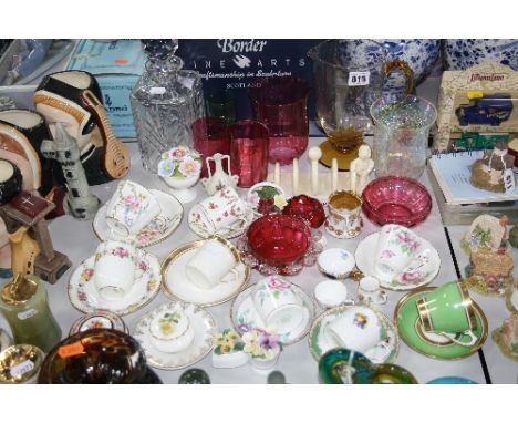 A GROUP OF CERAMICS AND GLASSWARES, to include cranberry coloured glass, Royal Crown Derby teawares, cut glass decanter etc