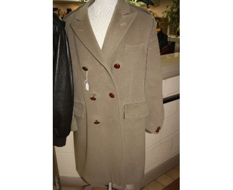 A MODERN ARMY STYLE SAND COLOURED CROMBIE OVERCOAT, by Crombie of Aberdeen, Scotland (good condition)