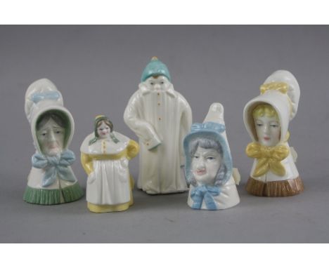 FIVE ROYAL WORCESTER CANDLE SNUFFERS, 'Toddie', 'French Cook', 'Mrs Caudle', 'Young Girl' and 'Old Woman'