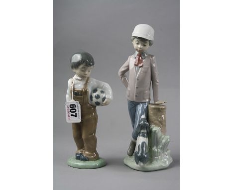 TWO NAO FIGURES, boy with football and boy leaning on tree stump looking at dog (2)