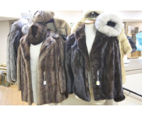 THREE FUR JACKETS, label 'B R Hawkins, Lichfield' in one, together with fur stole and four fur hats