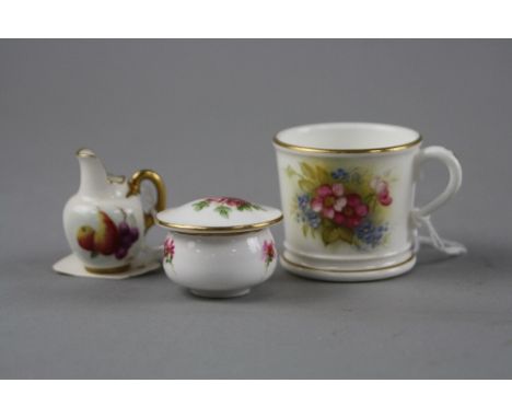 THREE ROYAL WORCESTER MINIATURES, to include mug, florally decorated signed M. Hunt, a jug, fruit decorated signed A. Badham 