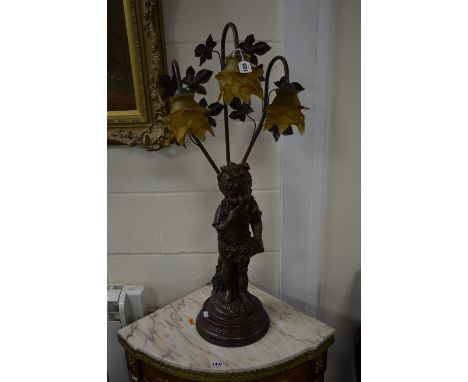 AN EARLY 20TH CENTURY STYLE BRONZED FIGURAL TRIPLE TABLE LAMP OF A YOUNG GIRL, with yellow shades, approximate height 81.5cm