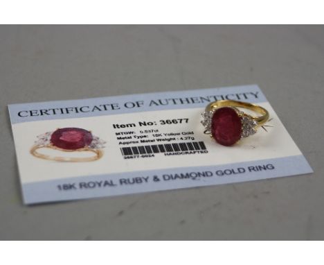A 18CT RUBY AND DIAMOND RING (with gems TV certificate), ring size R, approximate weight 5.6 grams
