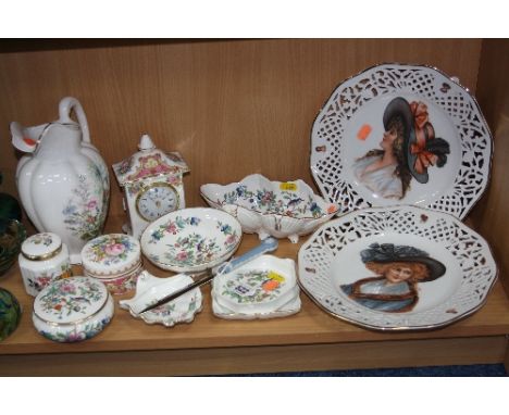 A GROUP OF CERAMICS, to include blue jasperware paperknife, Royal Albert 'Lady Carlyle' clock and trinket, Aynsley 'Pembroke'