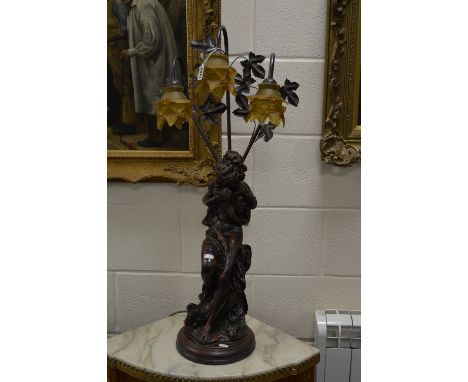 AFTER ALBERT ERNEST CARRIER BELLEUSE, an early 20th Century style bronzed figural triple table lamp of a scantily clad seated