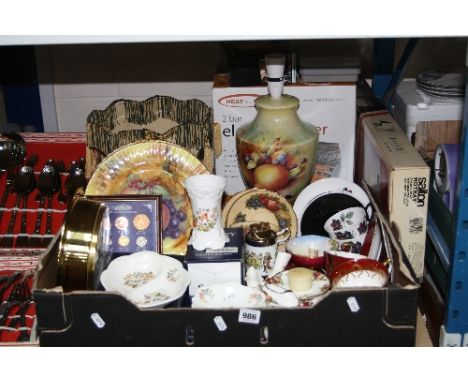 A BOX AND LOOSE CERAMICS, CLOCK, WARMING PLATE ETC, to include Royal Albert 'Old Country Roses', Aynsley and other gift ware,