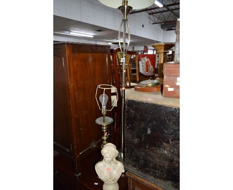 A MODERN BRASS STANDARD LAMP, a brass table lamp, a resin figure, a barometer, three various framed pictures and one mirror (