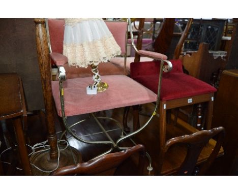 A STAG DRESSING STOOL, a metal framed armchair, an oak standard lamp and two warming pans (5)