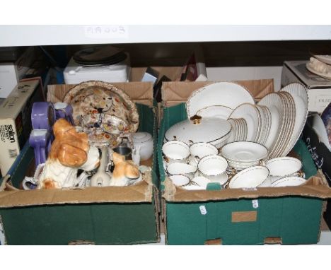 THREE BOXES OF CERAMICS, METALWARES, etc, including dinner service, Sylvac dogs, collectors plates, clock garniture, ceramic 