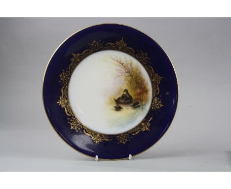 A ROYAL WORCESTER CABINET PLATE, 'Water-Hen' signed Johnson, puce backstamp, diameter approximately 23.5cm