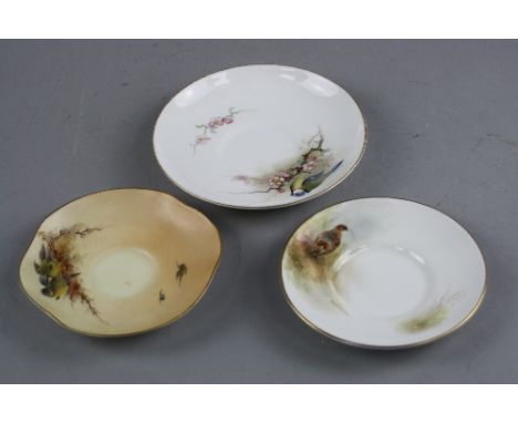 THREE VARIOUS ROYAL WORCESTER SAUCERS, 'Partridge', 'Blue Tit' etc (3)