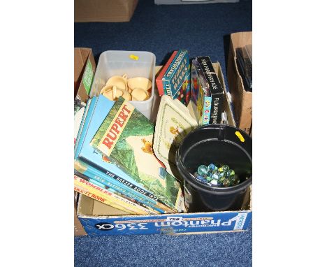 A QUANTITY OF LOOSE MARBLES, plastic child's tea set, Chad Valley tinplate money box (missing key), boxed games, quantity of 