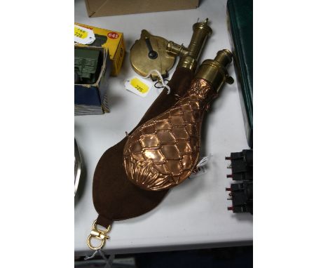 REPRODUCTION BRASS POWDER FLASK, marked G & J.W. Hawkesley, Sheffield,  reproduction leather and brass shot flask, plus a rep