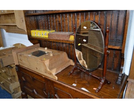 A PINE BATHROOM CABINET, pine hanging shelf, boxed Pelham puppet 'Dutch Girl', a mahogany swing mirror and two jewellery boxe