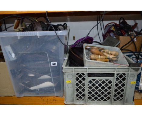 TWO BOXES OF LEATHER HORSE TACK, tools etc and two trays of leather crafting tools, thread and accessories