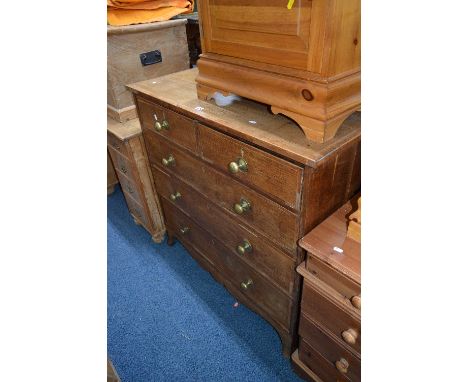 A GEORGIAN OAK AND BURR WALNUT CROSSBANDED CHEST, of two short and three long drawers with brass handles on splayed bracket f
