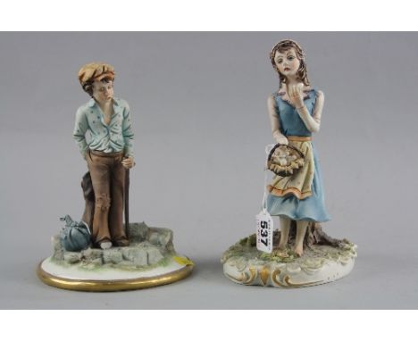TWO CAPODIMONTE FIGURES BY ADAS MARY, girl with basket of eggs and boy with bag (broken) and stick (broken) (2)
