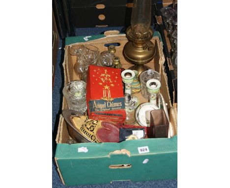 A BOX OF MISCELLANEOUS, including brass oil lamp, ceramic dressing table set, etc