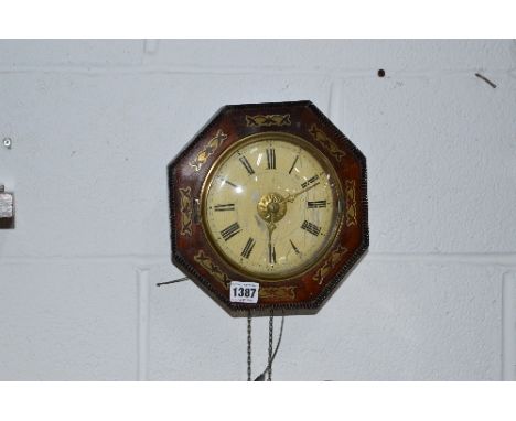 A VICTORIAN ROSEWOOD AND BRASS INLAID OCTAGONAL POSTMAN'S ALARM CLOCK, painted wooden 14.5cm 5 3/4'' dial with Roman numerals