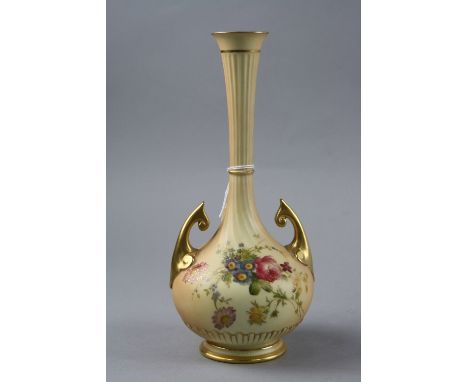 A ROYAL WORCESTER BLUSH IVORY GLOBULAR TWIN HANDLED VASE, with slender tapering neck, painted and gilt heightened with floral