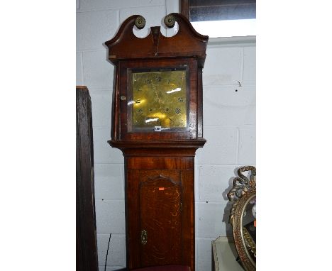 A LATE 18TH CENTURY OAK AND MAHOGANY BANDED LONGCASE CLOCK, broken swan neck pediment with brass roundels above a plain hood,