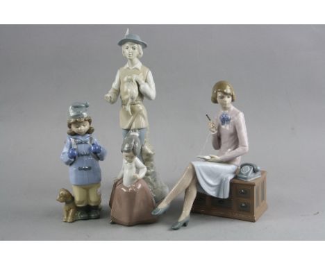 THREE NAO FIGURES AND ANOTHER VALENCIA FIGURE, to include lady sat at a telephone table writing, young girl with dog etc (4)