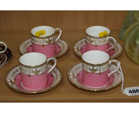 A SET OF FOUR ROYAL WORCESTER COFFEE CANS AND SAUCERS, made for Thos Webb & Sons Melbourne, Circa 1920's, pink ground with wh