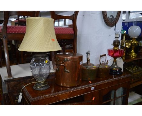A COPPER PAN WITH LID, by S W Adams, two copper kettles, warming pan, oil lamp with pink reservoir (electric wiring), table l