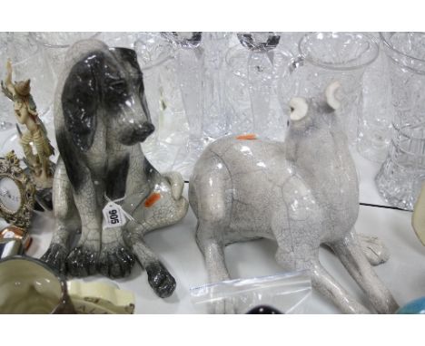 PAUL JENKINS, TWO LARGE RAKU CERAMIC FIGURES, seated dog, approximate height 32.5cm, together with a large Hare (ears broken)