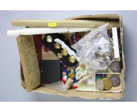 A BOX CONTAINING A NUMBER OF MEDALS AND MILITARY BADGES AND BUTTONS, PAPERWORK, etc, to include a ERII General Service medal 