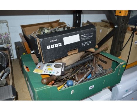 TWO BOXES OF TOOLS, and a box of vintage telephones including a push button trim phone