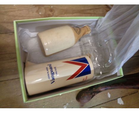 A box containing a small quantity of ceramics and glass including Price Bristol stoneware beer bottle with black ink stamp ma