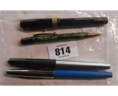 A vintage Swan 'Leverless' black finish fountain pen with reticulated collar by Mabie Todd &amp; Co. Ltd. - sold with two oth