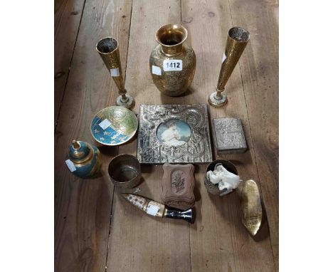 A quantity of metalware and other items including chased brass vases, enamel decorated urn and dish, small carved wood box, e