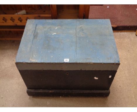 An 88cm old painted pine lift-top toolbox with adapted fitted interior and flanking iron drop handles