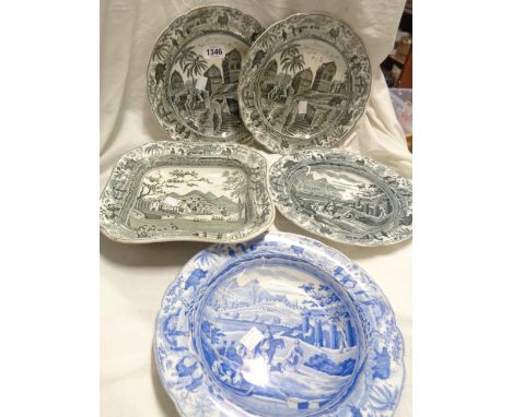 An early 19th Century Spode blue transfer printed dish, decorated in the City of Corinth pattern - sold with a pair of plates