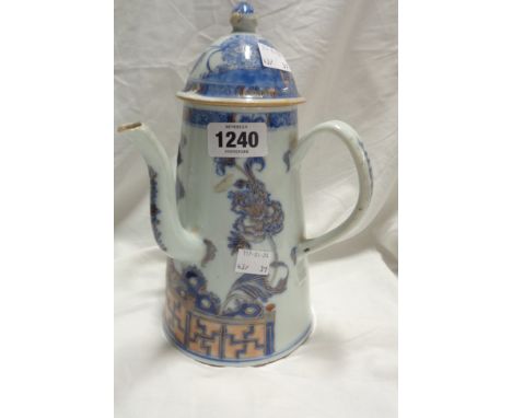 An antique Chinese porcelain coffee pot with blue and puce hand painted decoration and gilt highlighting - lid a/f