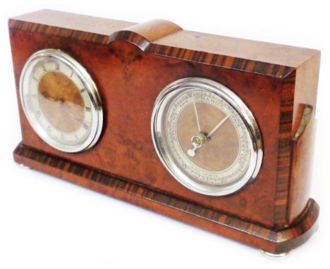 A 1930's figured walnut cased desk timepiece/barometer with later platform escapement and aneroid works