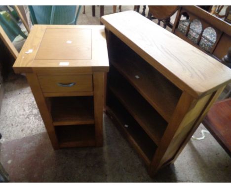 A 70cm modern golden oak three shelf open bookcase - sold with a similar bedside table