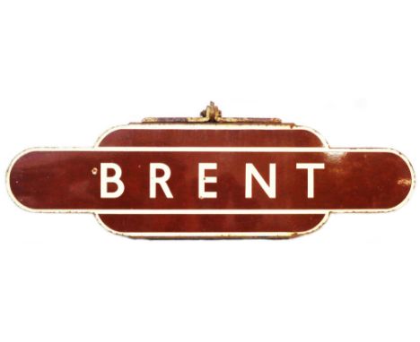 A vintage enamel Brent Station railway sign, in brown and cream livery