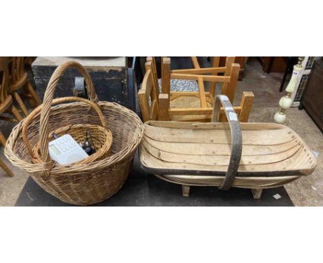 An old wooden trug - sold with two wicker baskets and a quantity of flower arranging vases