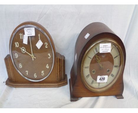 A vintage Smiths stained walnut cased mantel clock with eight day gong striking movement - sold with an Art Deco design mante