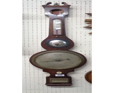 A 19th Century mahogany cased banjo barometer/thermometer with silvered scale and dial, central convex mirror and spirit leve