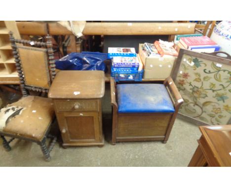 A vintage Ercol style bedside cabinet - sold with a locker piano stool, a Victorian bobbin turned standard chair and an oak f